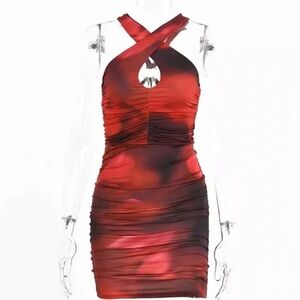 Red tie dye cross over mini dress